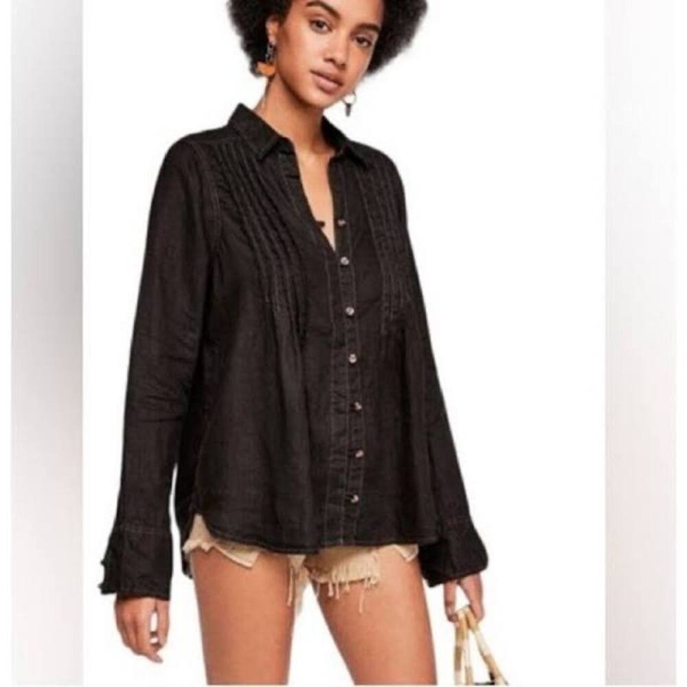 #208‎ NWT- Free People Breezy Morning Button Down Linen Shirt Sz:XS Ret$108